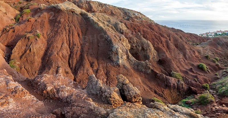 Volcanic soil, colorful soil, red, erosion, near Miradouro da Ponta do Rosto, Madeira, Portugal