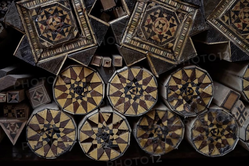 Damascus, Syria. December 10th 2025. Various types and designs of wood used in the craft of Damascus wood mosaic, inside the workshop of Abu Toni in the Christian quarter of Old Damascus, Syria
