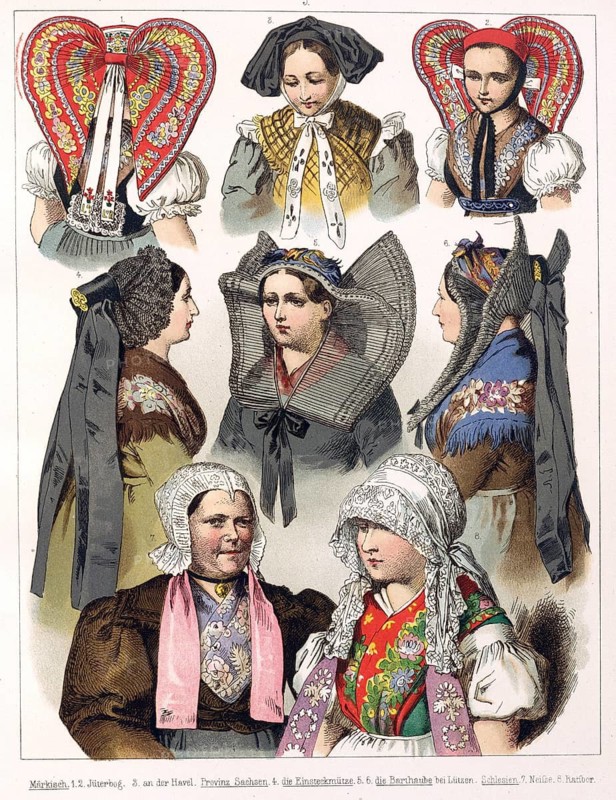Traditional costumes in Germany around 1820, woman's headdresses, woman with traditional headdresses and bonnets in regional costumes, digitally retouched reproduction of a model from around 1850, by Albert Kretschmer (27 February 1825, 11 July 1891), German painter and traditional costume expert