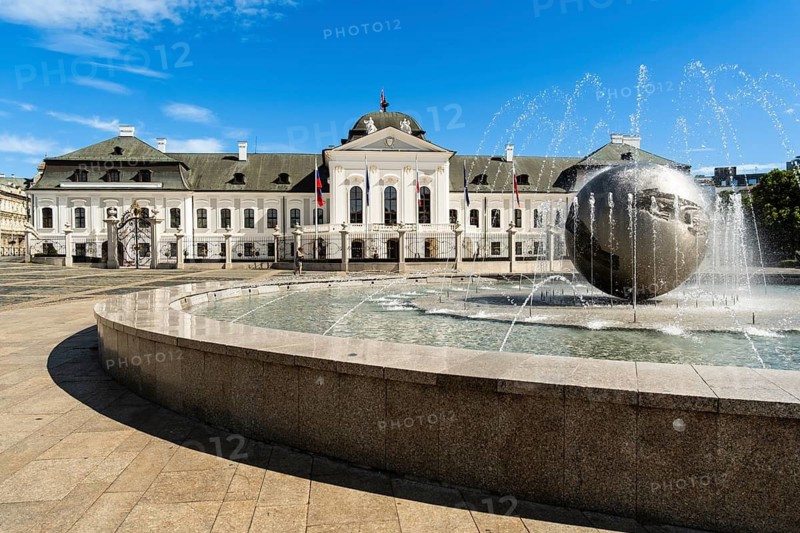Peace fountain on Hodža Square at Grassalkovich Palace, Presidential Palace, seat of the President of the Slovak Republic, Bratislava, Slovakia