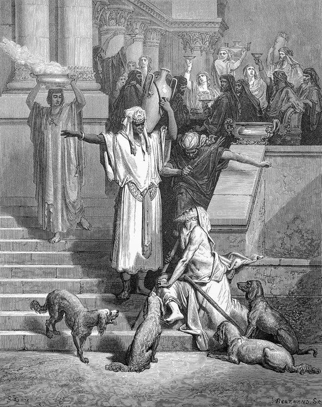 Poor Lazarus and the rich man, Luke chapter 16, verse 19, money, wealth, luxury, abject poverty, ulcers, face, misery, dogs, group, stairs, food, pitcher, rich people, licking wounds, death, dying, banquet, God, angels, torment, justice, wrong, just life, Christian religion, Bible, New Testament, steel engraving Doré, historical illustration 1885