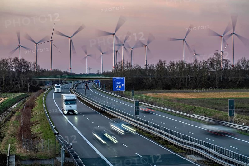 Borsum wind farm, near Rhede, on the A31 motorway, the wind farm was put into operation in 2001 and repowered in 2024, 13 old turbines were dismantled and replaced with 8 new Enercon E160 wind turbines and an Enercon E147, with a total output of almost 50 MW, Lower Saxony, Germany