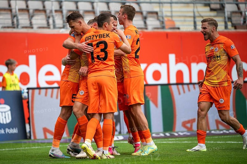 LUBIN, POLAND - JULY 23, 2023: Football match Polish PKO Ekstraklasa between KGHM Zaglebie Lubin vs Ruch Chorzow 2:1. Team of Zaglebie after scoring goal.