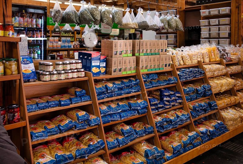 Interior view, display, Italian food, pasta, pesto, food stand, market hall, Stuttgart, Baden-Württemberg, Germany