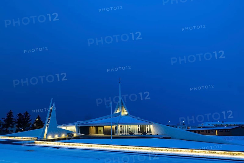 Ytri-Njarðvíkurkirkja, modern church, blue hour, snow, winter, Njarðvík, Iceland, Scandinavia