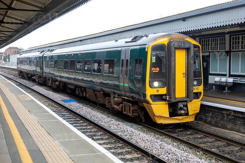 British Rail Class 158 Express Sprinter train diesel multiple 158767, Westbury railway station, Westbury, Wiltshire, England, UK