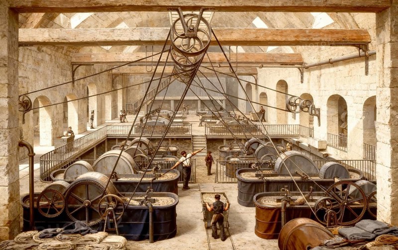 Papermaking, industrial manufacture of paper, refining and bleaching pile workshop, 19th century
