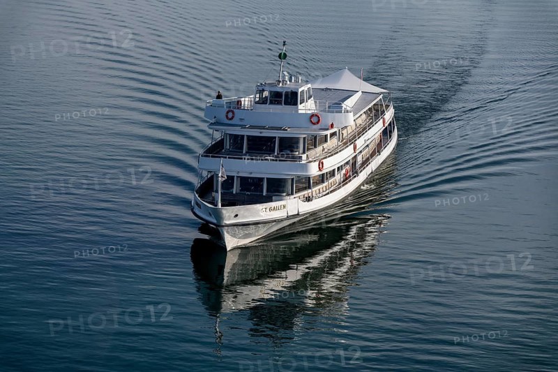 The passenger ship MS St. Gallen of the Schweizerische Lake Constance-Schifffahrt (SBS) with home port in Romanshorn sails on Lake Constance, Friedrichshafen, Bodenseekreis, Baden-Württemberg, Germany