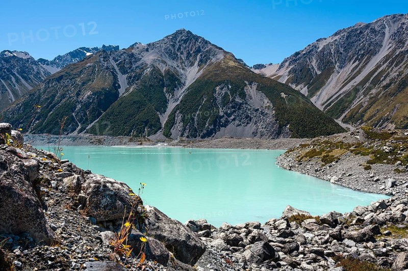 The turquoise Tasman Lake. Aoraki Mount Cook National Park, Canterbury, South Island, New Zealand