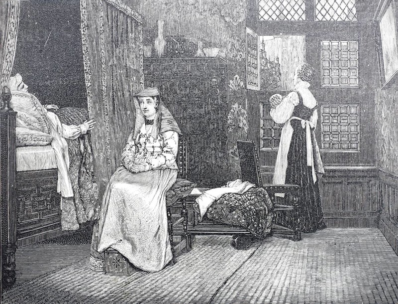 Visiting the woman who has just given birth. In bed, a woman resting, presumably after giving birth, a maid or midwife holding a newborn at the window, illustration, reproduction from a 19th-century model. Authentic, file restored for optimal use, exact date of submission unknown, historical