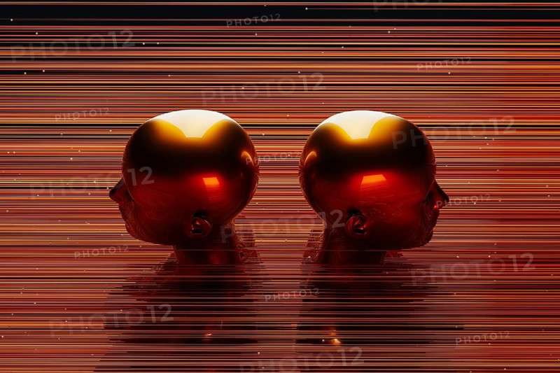 Two metal humanoids stand between illuminated lines representing the concept of artificial intelligence and modern technology in a dark background