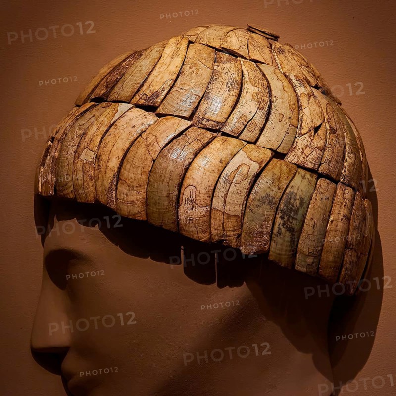 Ancient helmet, grave gift, antique ivory headpiece in detailed structure on model head, Pylos Archaeological Museum, Neokastro, Pylos, Peloponnese, Greece
