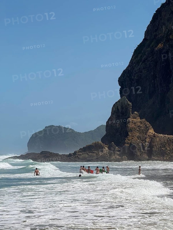 Surfer at Piha Beach with open surf and rock Lion Rock near Auckland, North Island, New Zealand, Oceania
