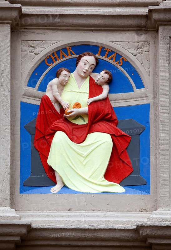 Charitas or Caritas, Latin for charity, decoration of the facade, Hexenbürgermeisterhaus, Lemgo, North Rhine-Westphalia, Germany