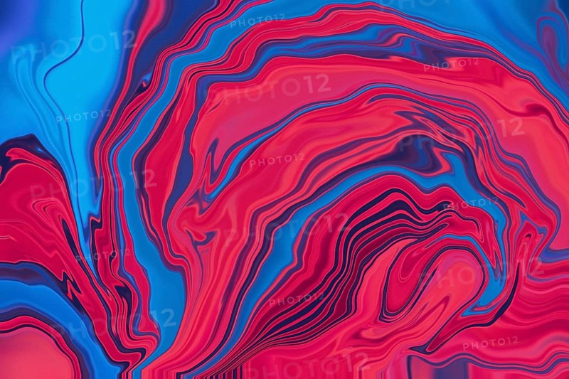 This abstract image features swirling patterns with vibrant neon touches, combining rich blues and reds. The fluid design creates a dynamic, visually striking background
