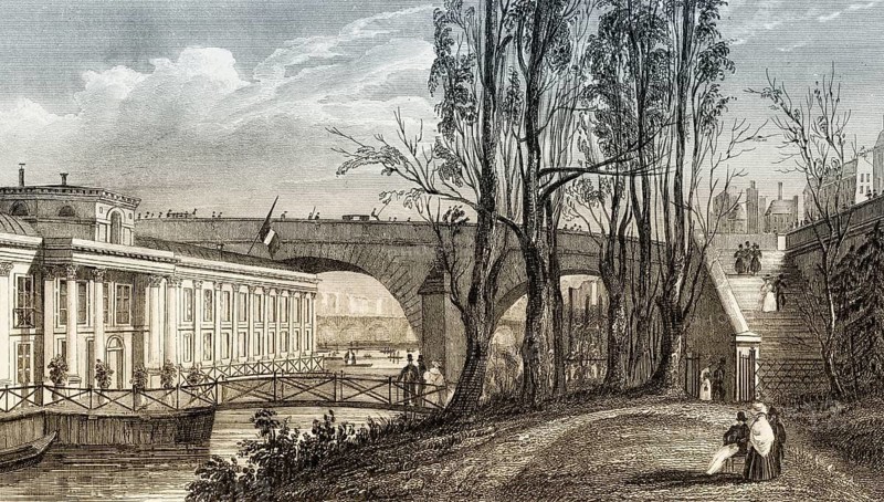 Bains Vigier, Pavillon de Flore, Louvre, Paris, antique steel engraved print, 1831
