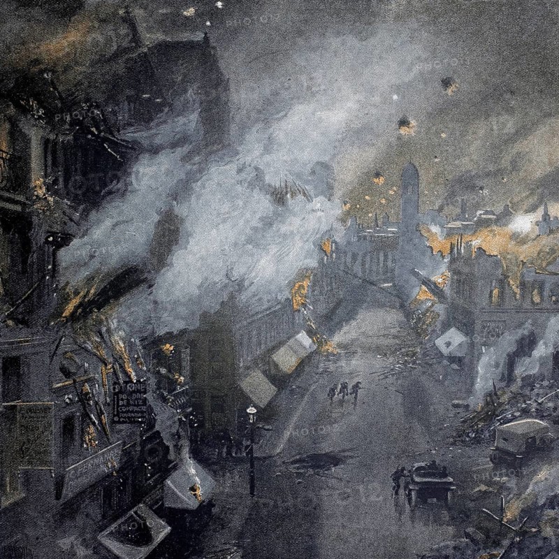 World War 1, Bombardment of a town in northern France (original picture text from 1915, original colouring), illustration, reproduction from a 19th century original. Authentic, file restored for optimal use, exact date of original unknown, Historical, Ruins and burning buildings in a town in wartime, People in the distance