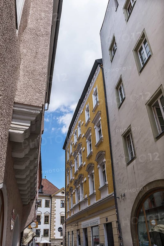 Historic buildings in an old town alley, Regensburg, Upper Palatinate, Bavaria, Germany