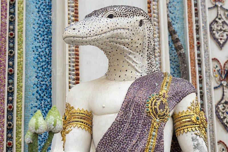 Decorative elements with pop culture references (for example comics, superheroes) in the stucco and porcelain vases outside and inside the art hall with modern art trends such as minimalism and abstraction, Wat Pariwat, Yan Nawa district, Bangkok, Thailand