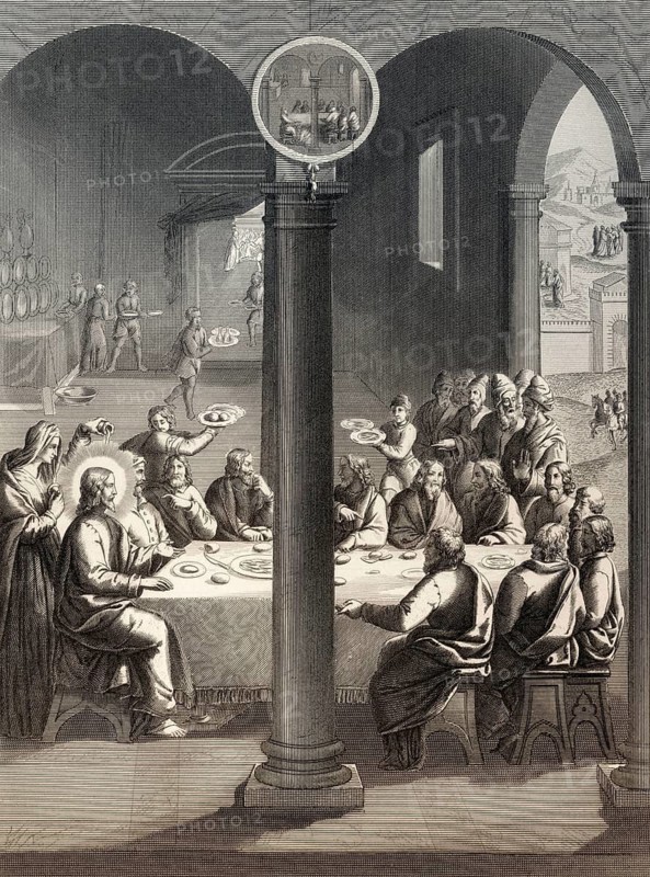 Jesus Christ and disciples at the table in the house of Simon the Leper, with Mary Magdalen and Martha serving, New Testament, steel engraving 1853, digitally restored