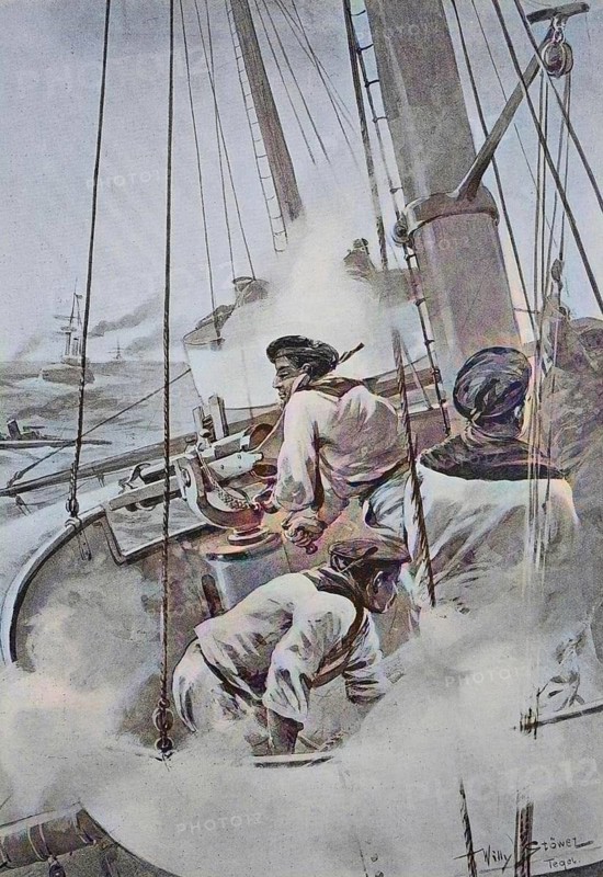 Combat Mission of a Navy Cruiser, 1880, Germany, Battleship, Historic, digitally restored reproduction of a 19th century original