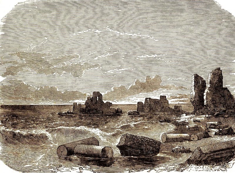 Ruins of Caesarea Stratonis or Caesarea Palestinae, ancient city of the Roman province of Judea on the Mediterranean Sea, Israel, Acts of the Apostles, chapter 10, New Testament, Bible, historical illustration 1850