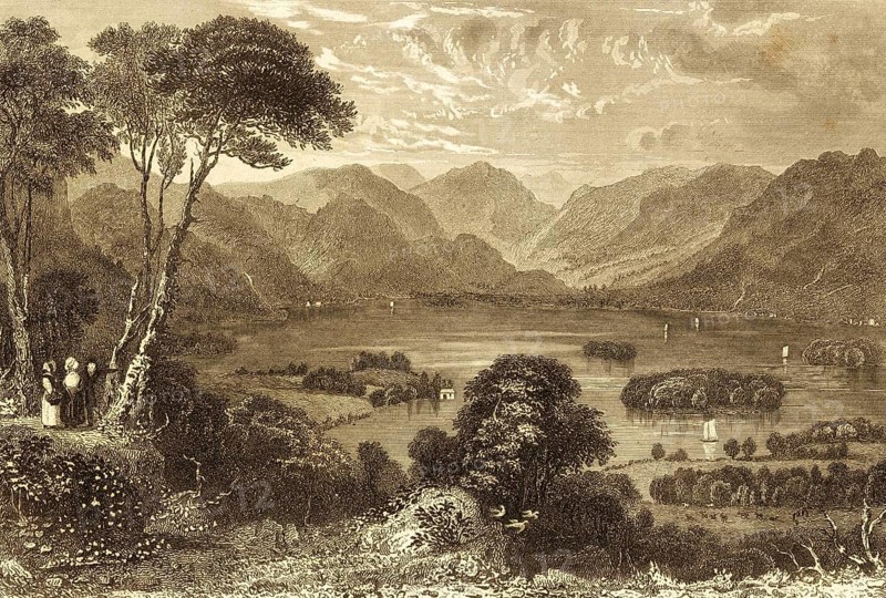 Derwent Water, Derwent Lake in Keswick, Lake District National Park, UNESCO World Heritage, peaceful mountain landscape, islands, hikers, sailboats, tall trees, idyll, Cumberland, England, Great Britain, steel engraving, historical illustration 1842
