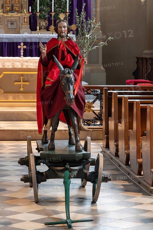 Palmesel decorated for the Palmesel procession, tradition since the 18th century, Parish Church of the Assumption of the Virgin Mary, Thaur, Innsbruck district, Tyrol, Austria
