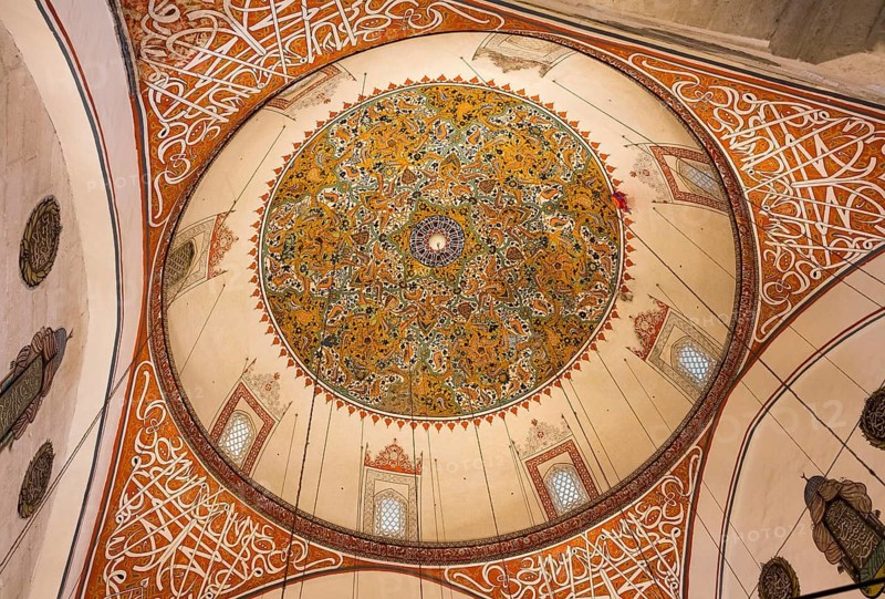 Highly decorated dome with geometric patterns and artistic decoration in bright colors, detailed view of a richly decorated dome in the Mevlana Museum, Mevlânâ Museum, Mausoleum of Mevlânâ Jalal ad-Din Rumi, Konya, Central Anatolia, Turkey