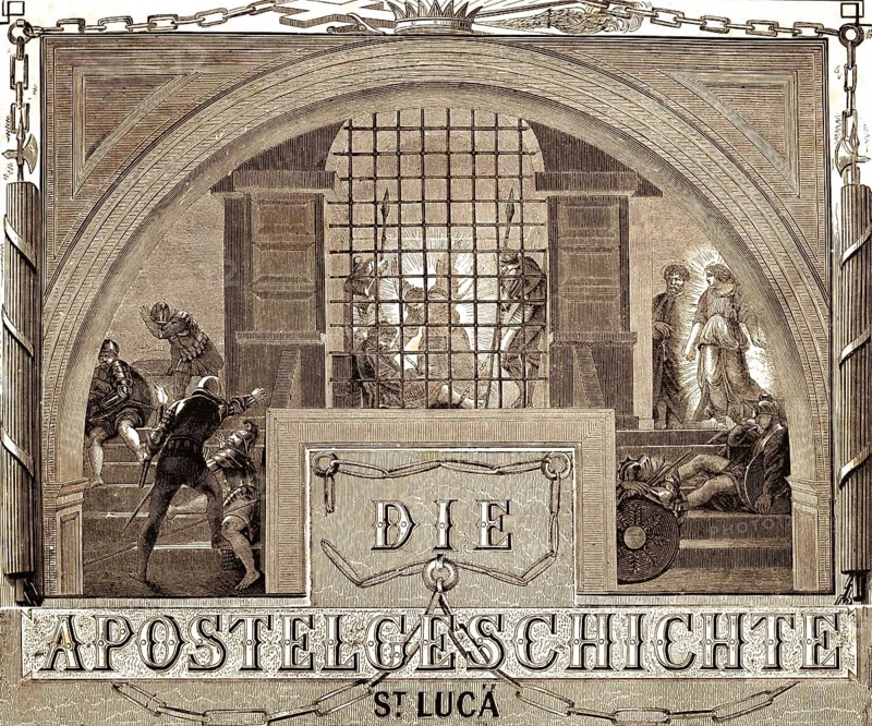 Introductory picture to the Acts of the Apostles, Testament, St. Luca, fight, horses, crown, necklace, frame, light, Bible, historical illustration 1850