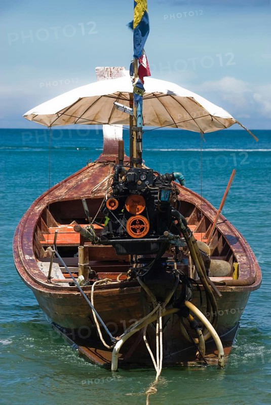 Typical Thai longtail boat on Bang Tao Beach in the northwest of the holiday island of Phuket, boat, boats, longtail boats, fishermen, fishing boat, ship, ships