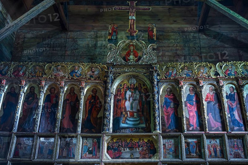 Orthodox chancel painted with iconostases, 16th century Gothic wooden church of St. Paraskevi, Radruz, Poland