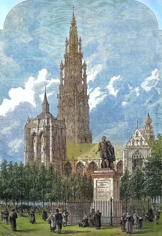 The Groenplaats, place vert, with the statue of Peter Paul Rubens, In the background the Cathedral of Our Lady, 1869, Antwerp, Belgium, Historic, digitally restored reproduction of an original 19th century painting, exact original date unknown