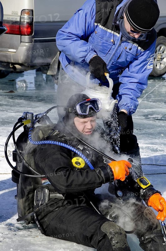 Hotwater on regulators to avoid freezing during the dive under ice, Lake Baikal, Olkhon Island, Pribaikalsky National Park, Irkutsk Province, Siberia, Russia