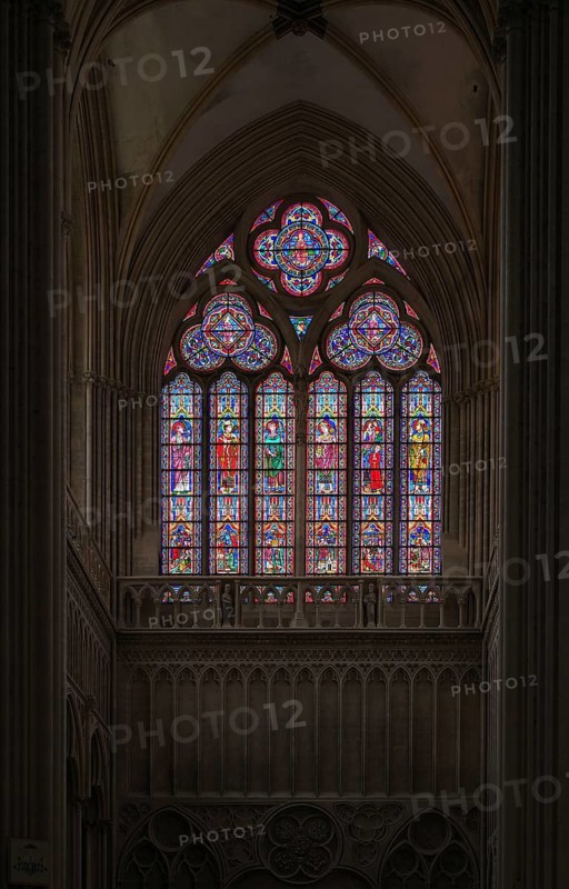 Interior view, stained glass window, coloured church windows, Cathédrale Notre-Dame de Bayeux, Bayeux, Calvados, France