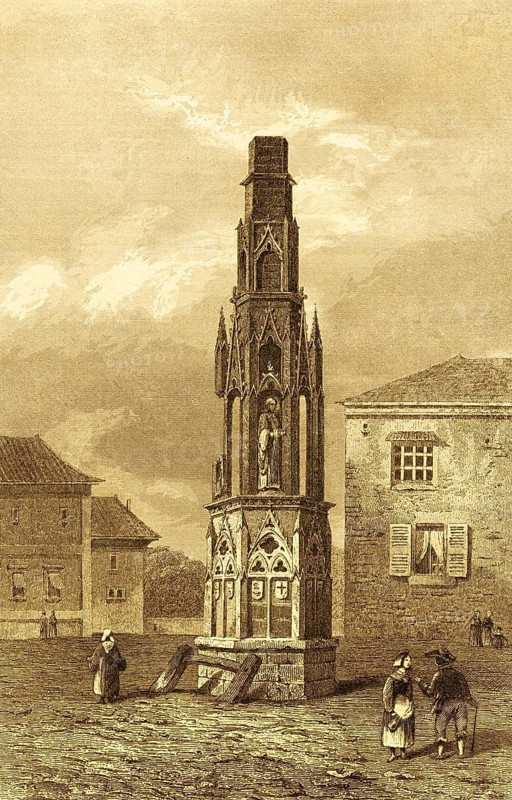 Monument by order of King Edward I in memory of Eleonor, Walton on Thames, woman, Plantagenets period, Middle Ages, people, houses, coat of arms, memory, England, Great Britain, steel engraving, historical illustration 1842