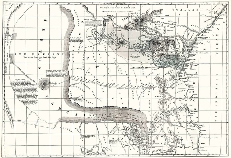 Map of Central East Africa with the suspected Lake Uniamési, now Tanzania, 1855