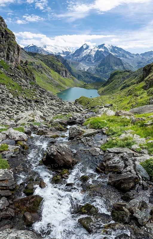 Mountain stream and mountain lake Lac de Louvie with glaciated summit of the Grand Combin, Val de Bagnes, Valais, Switzerland