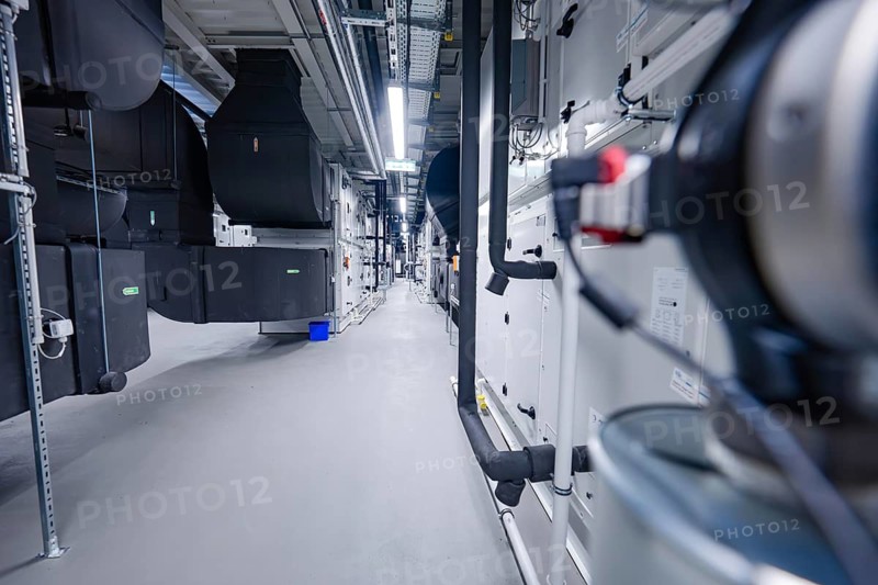 Technical view of a ventilation system, with focus on machines and blurring in the foreground, ventilation system, technical room, Calw, Germany