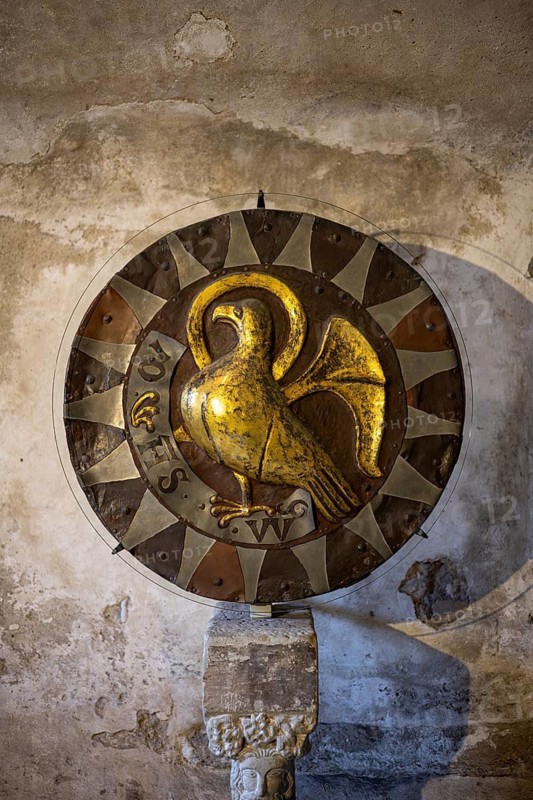 Johannesscheibe in the Romanesque crypt of Constance Cathedral is a round disc made of driven, fire-gilded copper sheet in the 13th century, which depicts the eagle as a symbol of the Evangelist Johannes, Constance, district of Constance, Baden-Württemberg, Germany