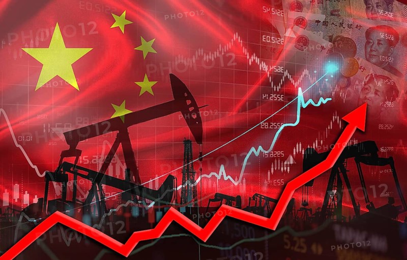 Oil production with Chinese flag, petrol industry. Oil pumps with China flag