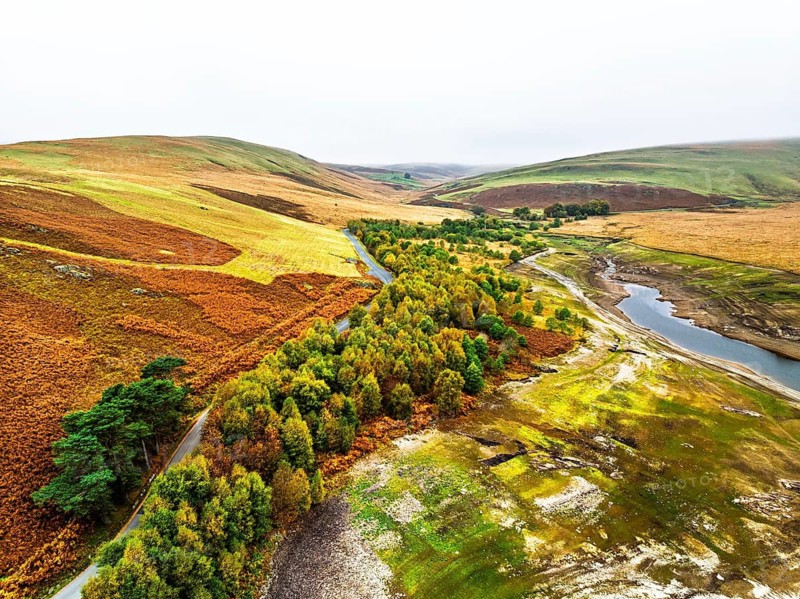 Autumn over Craig Goch Dam from a drone, Elan Valley Reservoirs, Elan Valley, Rhayader, Powys, Wales, UK