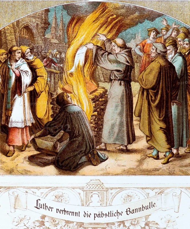 Luther publicly burns the papal bull of excommunication from Pope Leo X, Decet Romanum Pontificem, in 1521, Wittenberg, excommunication of Luther, emergence of Protestantism, wood fire, spectators, inscription and ornamentation, stations from Dr Martin Luther's life, coloured illustration ca. 1890