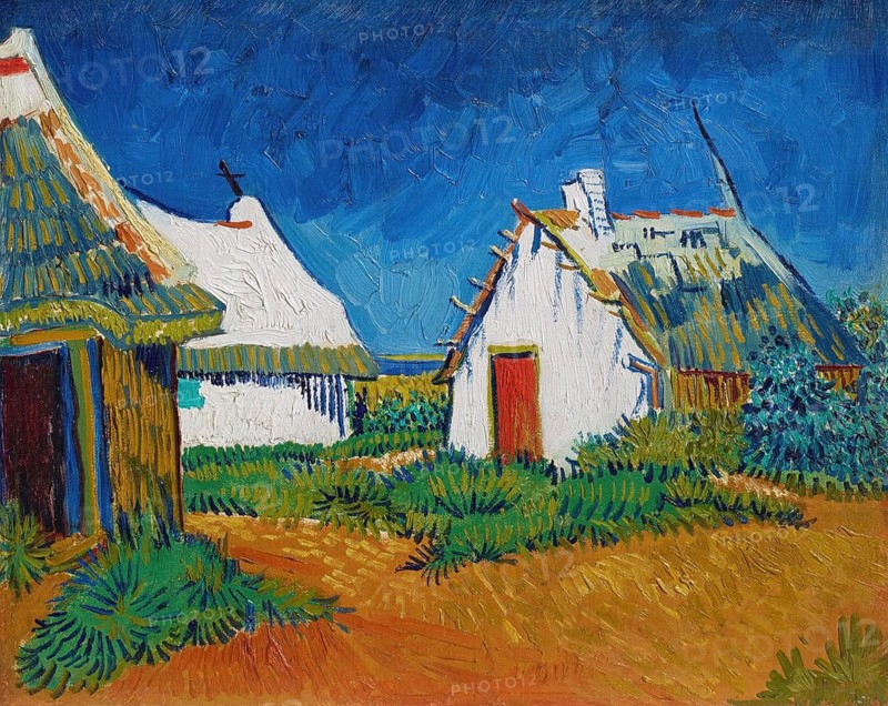 Three white cottages in Saintes-Maries (1888), Three white cottages in Saintes-Maries (1888), Painting by Vincent Willem van Gogh (born 30 March 1853 in Groot-Zundert, died 29 July 1890 in Auvers-sur-Oise), Dutch painter and draughtsman, one of the founders of modern painting, Illustration, Reproduction from a painting. Authentic, exact date of the original unknown, Historical, Vivid impressionistic depiction of white huts in a rural landscape