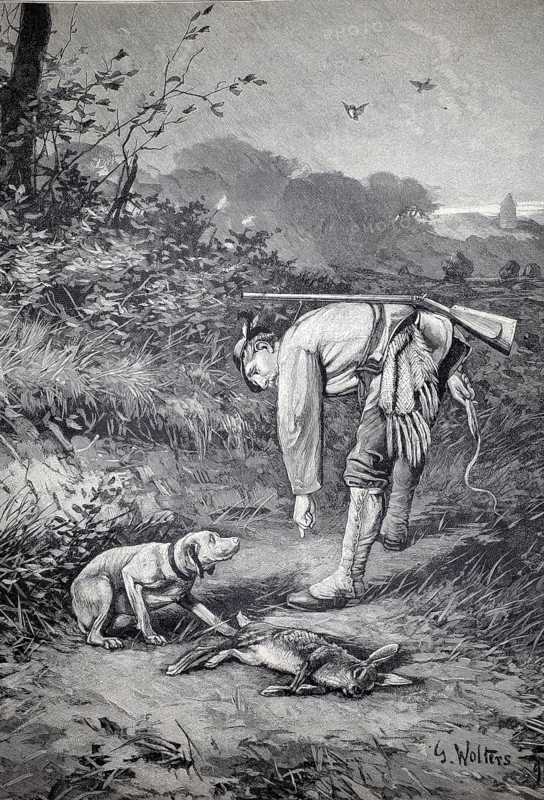 The hunter shot a hare and his dog found him. The man tries to teach the dog not to touch it, 1891, authentic, digitally restored reproduction from a 19th century model, exact date of depiction unknown, historical, A hunter assesses his prey, accompanied by a loyal hunting dog