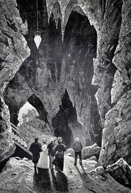 Holidaymakers in the Wetterloch Caves on the summit of Schafberg, above Lake Wolfgang in the Salzkammergut, 1891, Austria, authentic, digitally restored reproduction from a 19th century model, exact date of presentation unknown, historical, group of people exploring a large cave with stalactites