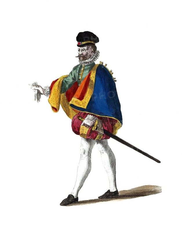 Historical clothing, fashion over the course of time, clothing style of a nobleman from Spain, around 1700, digitally restored reproduction of a model from the 18th/19th century, exact date unknown, man in colourful Renaissance clothing with blue cloak and gold and red decorations
