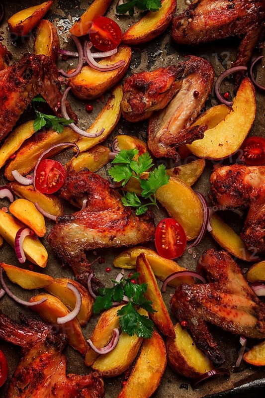 Fried chicken wings, with potatoes, and spices, homemade, fast food, no people