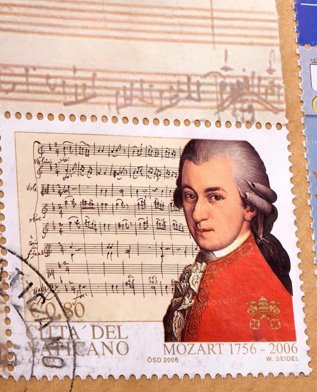Wolfgang Amadeus Mozart, 1756 – 1791, composer of classical music, First Viennese School, Stamp from the Vatican on a letter, Stamped, Vatican, Italy