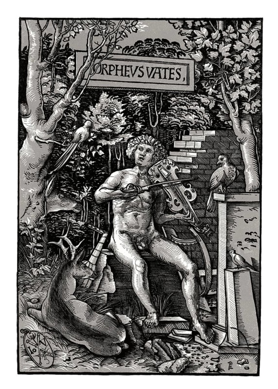 Orpheus with the violin, 16th century, Chiaroscur woodcut by Johannes Wechtlin, facsimile of the 19th century